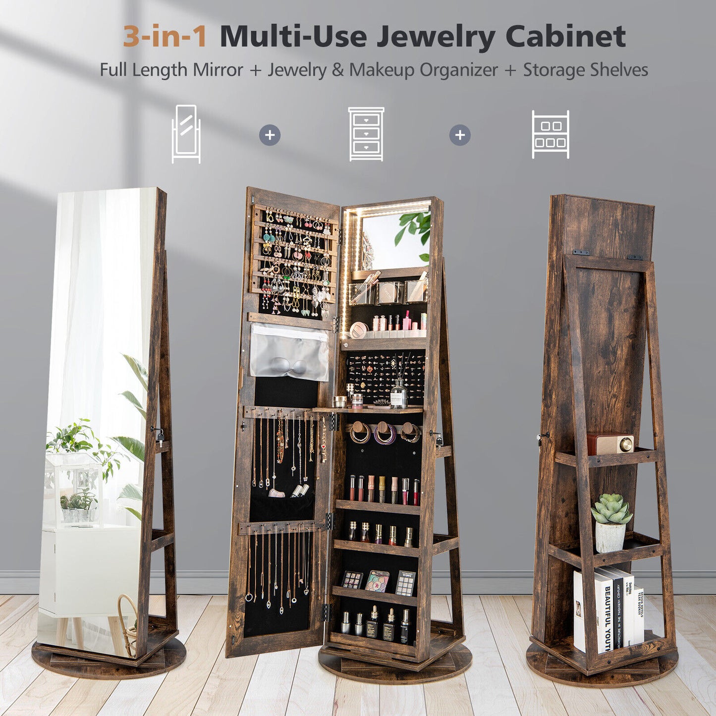 Rotating Mirrored Jewelry Armoire with LED Lighting
