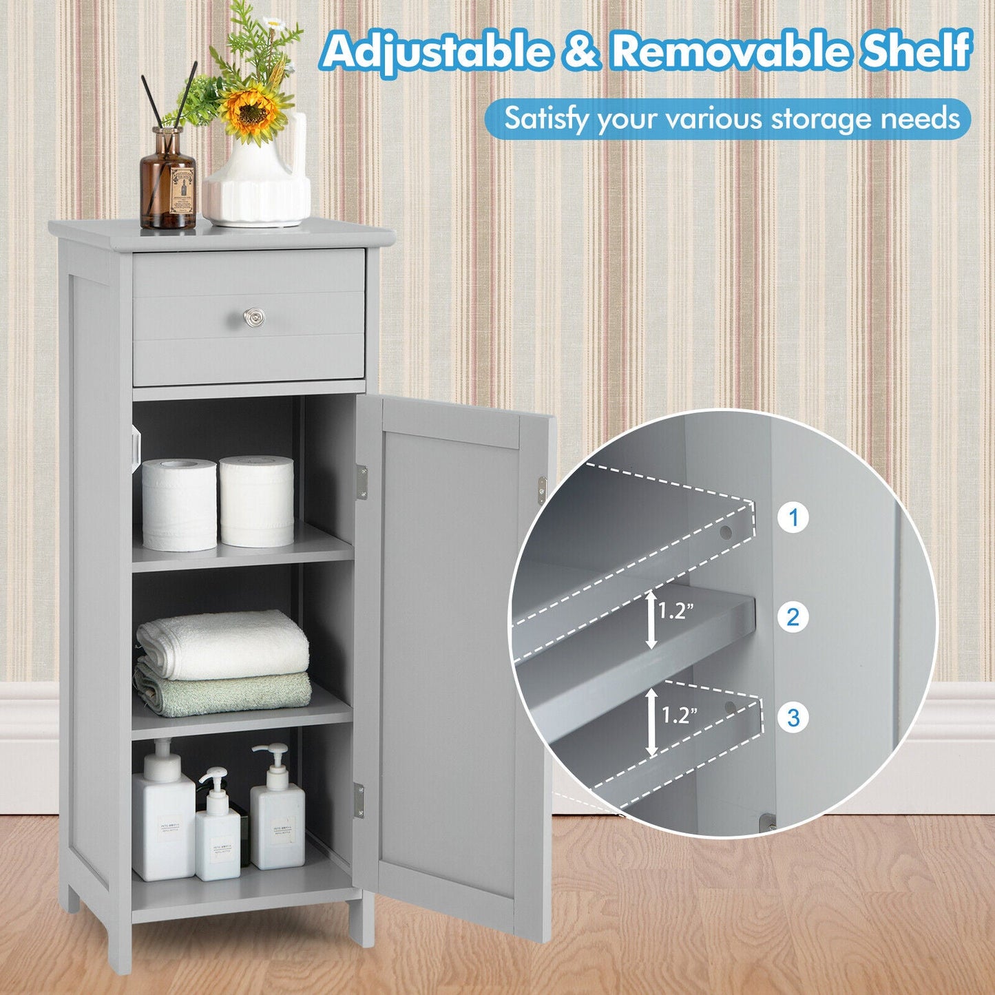 Wooden Bathroom Floor Storage Cabinet with Drawer and Shelf