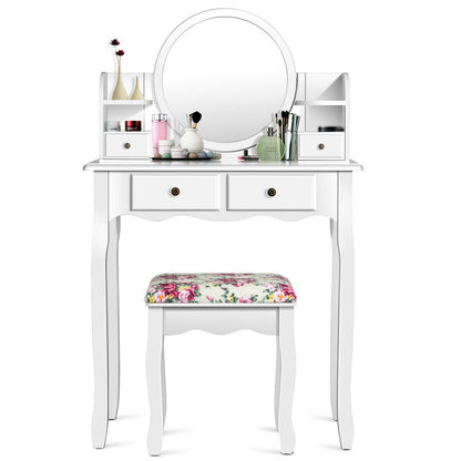Makeup Vanity Table Set with Oval Mirror and Cushioned Stool