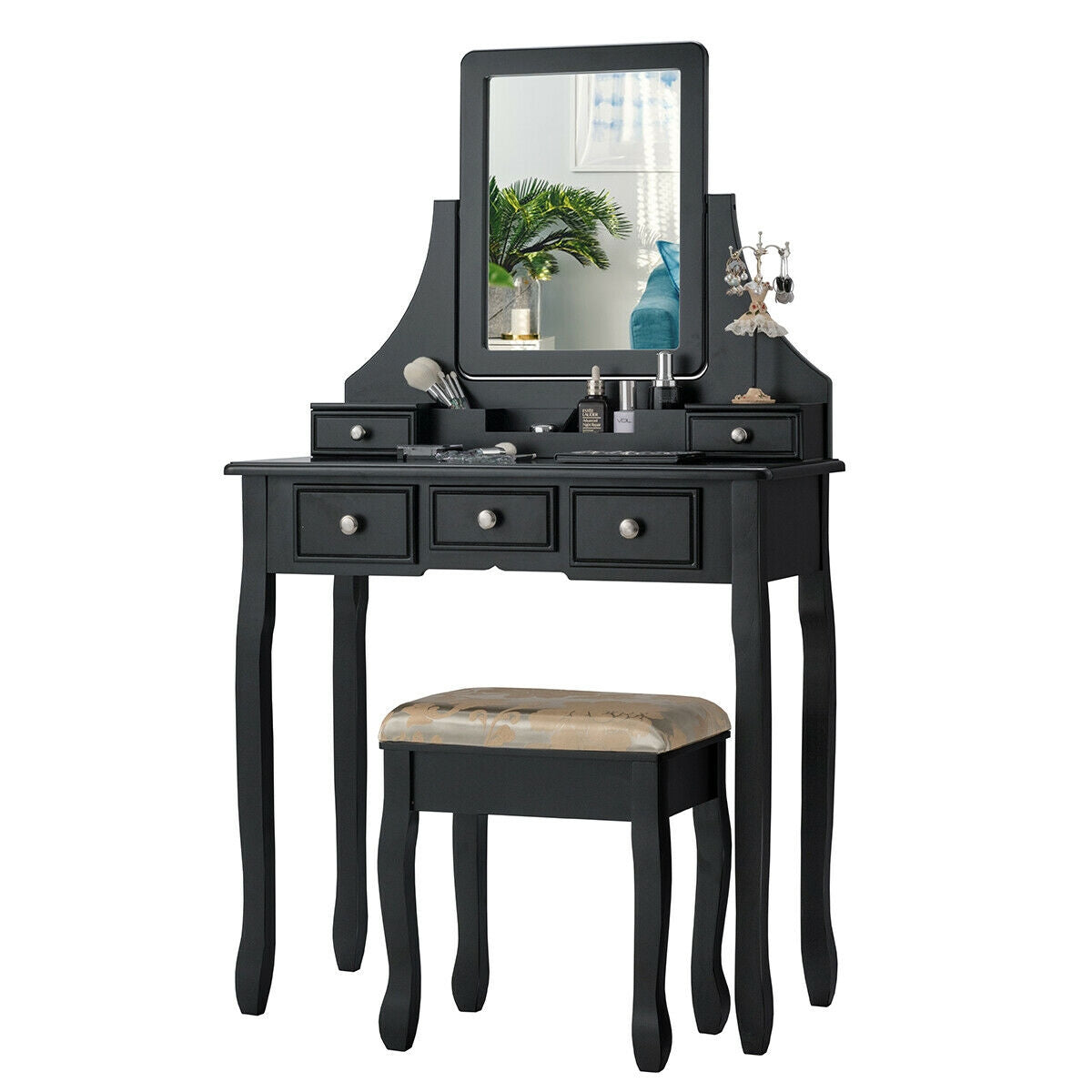 Makeup Vanity Set with 5 Drawers and Padded Stool