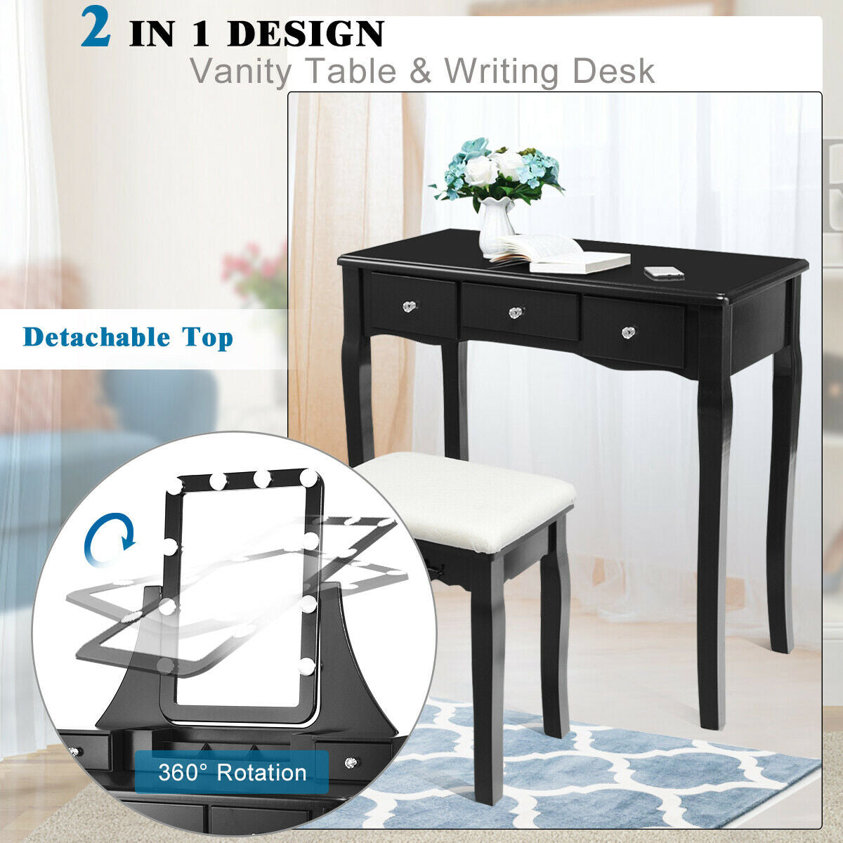 Vanity Table with 10 Dimmable Lights and Cushioned Stool