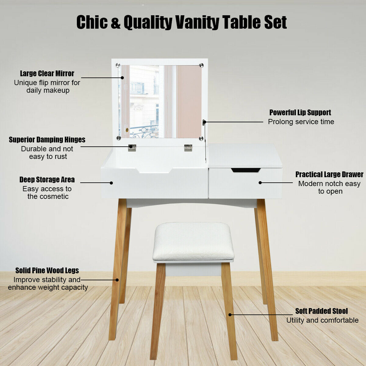 Vanity Table with Flip Top Mirror and Cushioned Stool