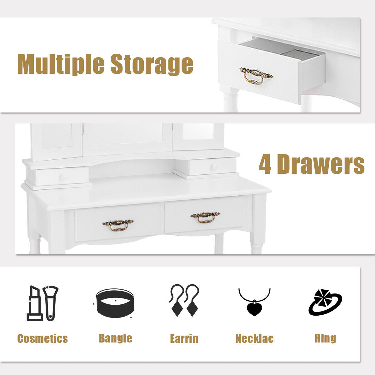Vanity Set with Tri-Fold Mirror, 4 Drawers & Cushioned Stool