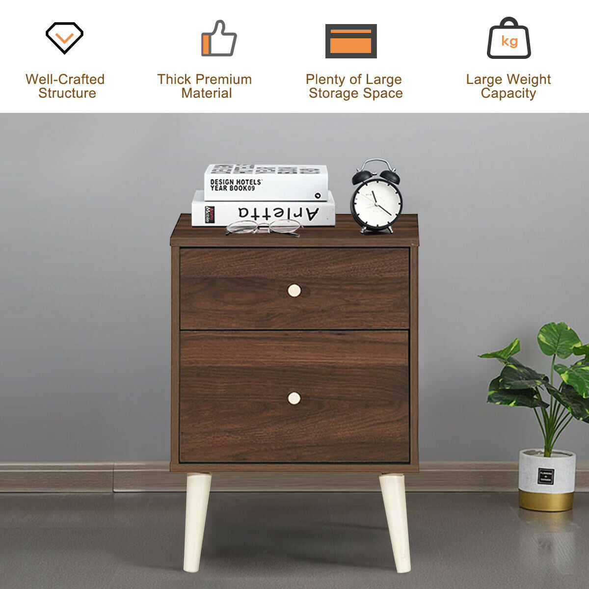 2-Drawer Nightstand Beside End Side Table with Rubber Legs