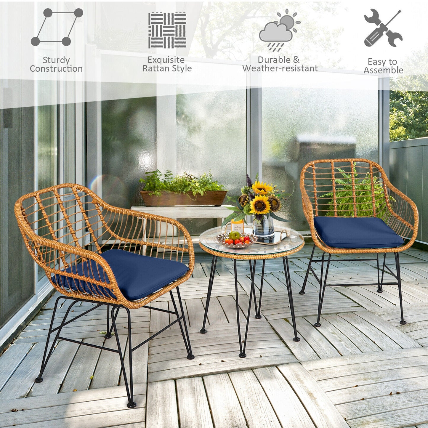 3-Piece Rattan Patio Conversation Set with Cushioned Chairs