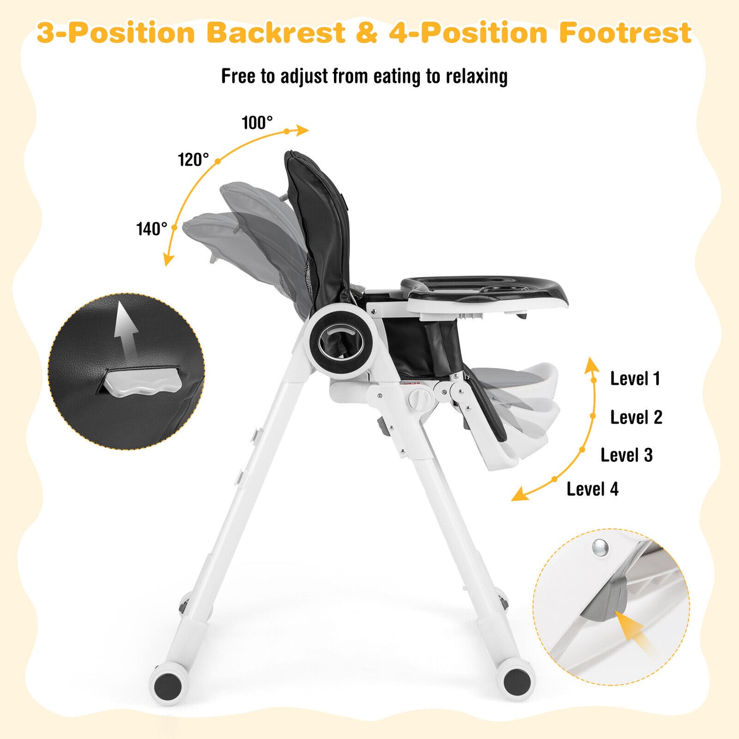 Foldable Baby High Chair with Lockable Wheels - Adjustable