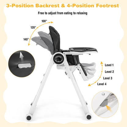 Foldable Baby High Chair with Lockable Wheels - Adjustable