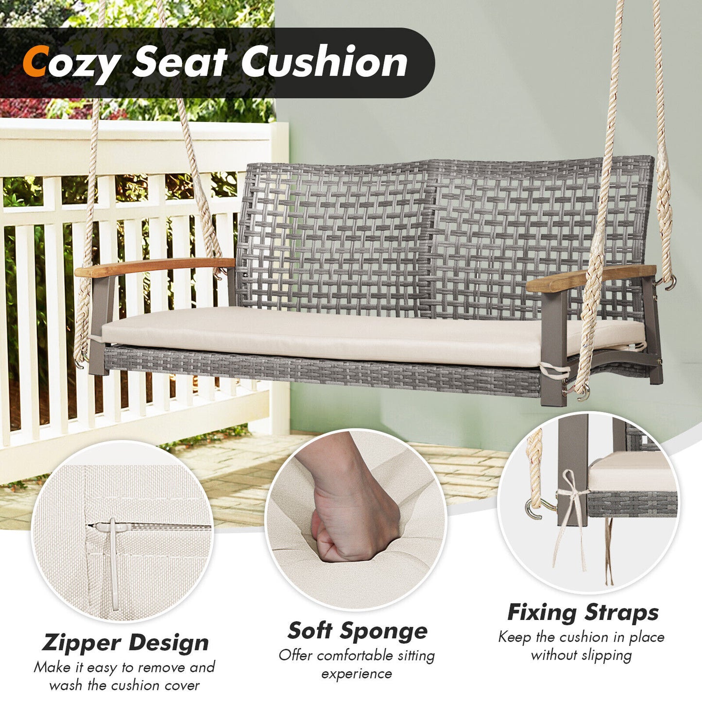 2-Person Wicker Porch Swing Chair with Cushion