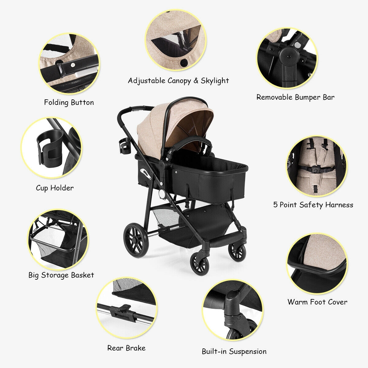 2-in-1 Foldable Baby Stroller with Reversible Seat