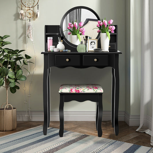 Makeup Vanity Table Set with Oval Mirror and Cushioned Stool