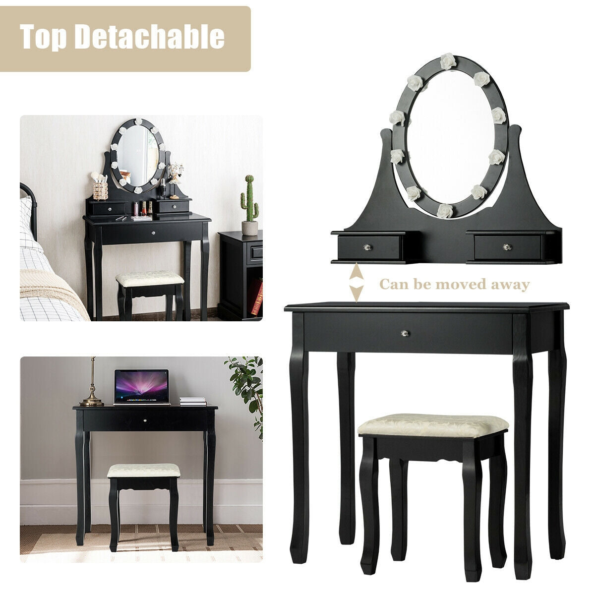 Lighted Mirror Vanity Table with 3 Drawers and Stool Set