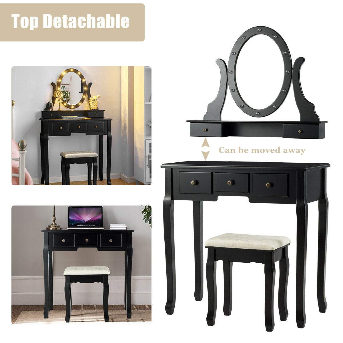 5-Drawer Vanity Table Set with LED Lighted Mirror & Stool