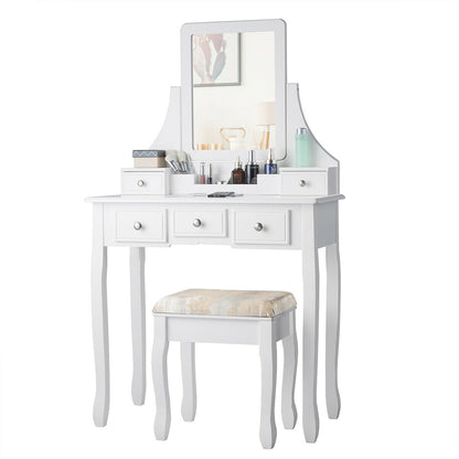 Makeup Vanity Set with 5 Drawers and Padded Stool