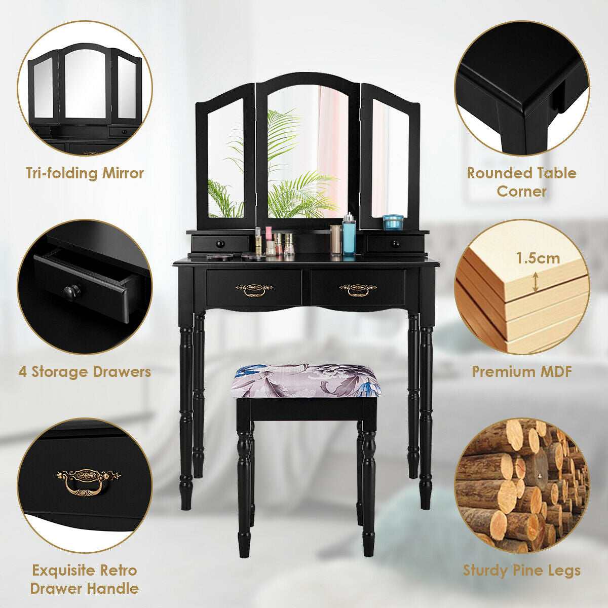 Vanity Set with Tri-Fold Mirror, 4 Drawers & Cushioned Stool