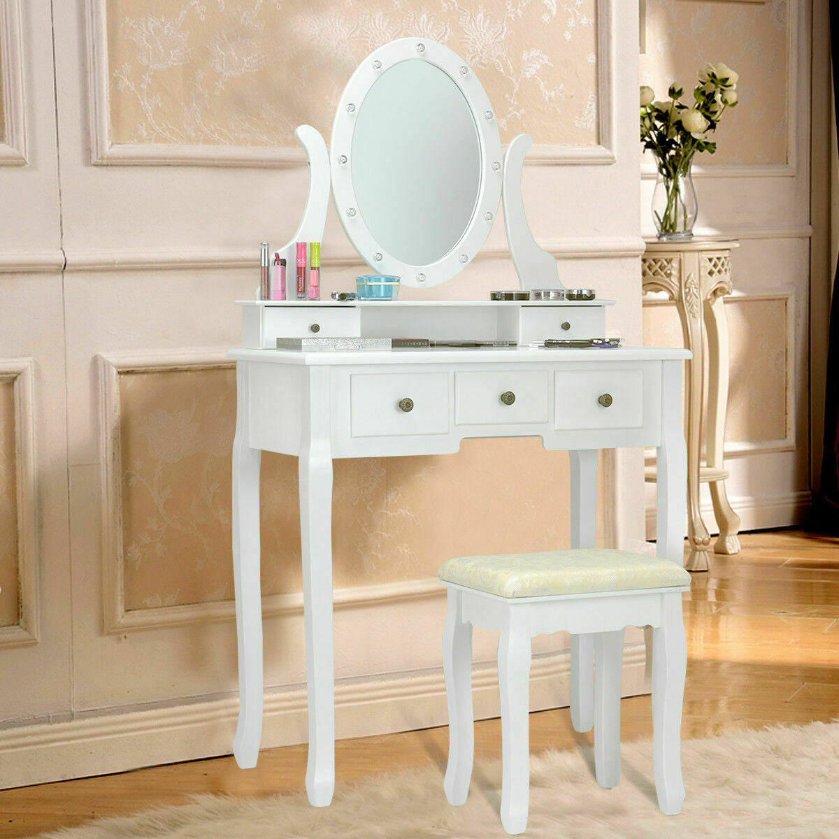 5-Drawer Vanity Table Set with LED Lighted Mirror & Stool