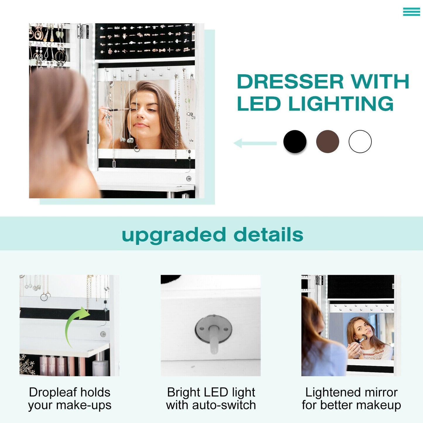 Wall-Mounted Jewelry Cabinet with Full-Length Mirror & LED Lights