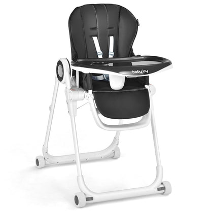 Foldable Baby High Chair with Lockable Wheels - Adjustable