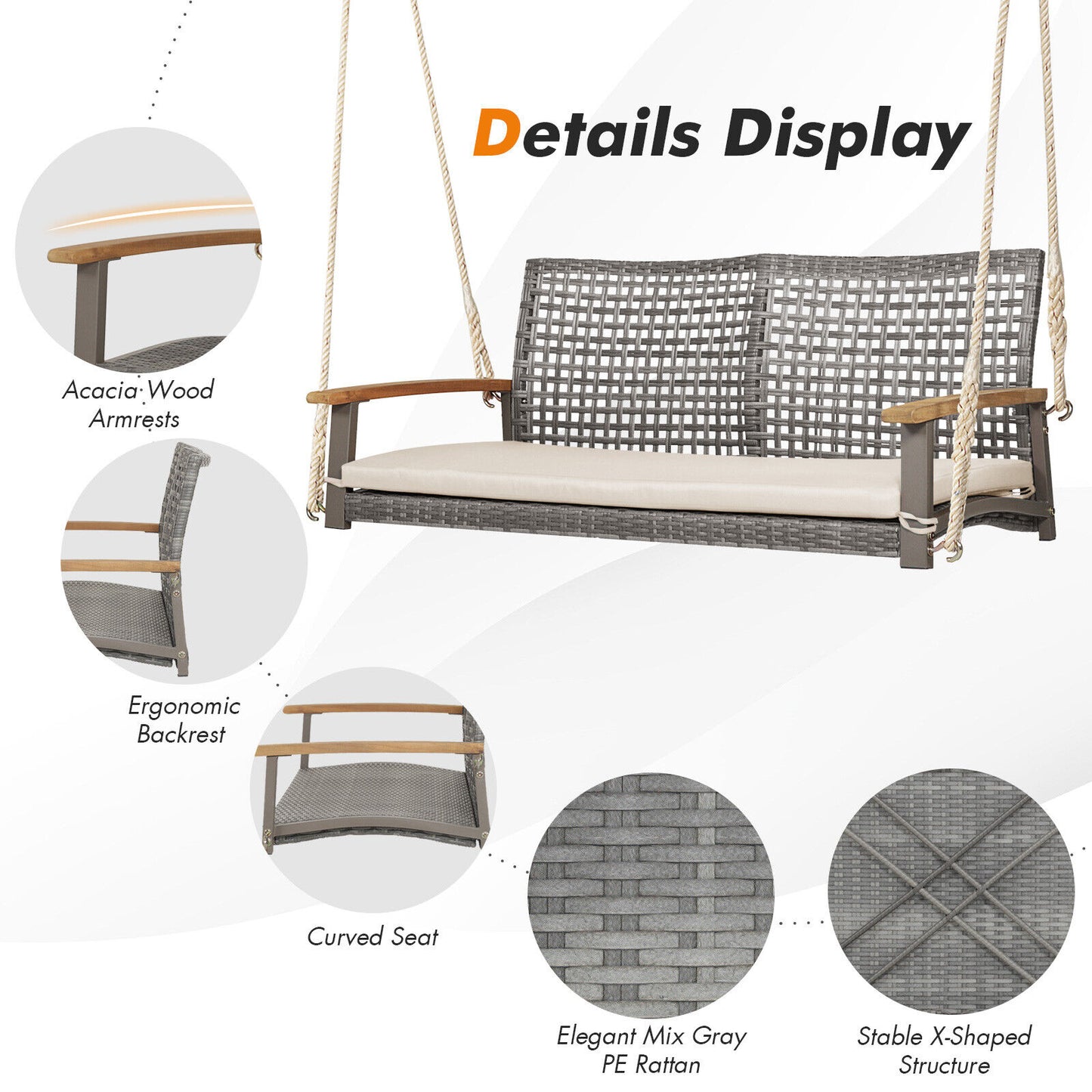 2-Person Wicker Porch Swing Chair with Cushion