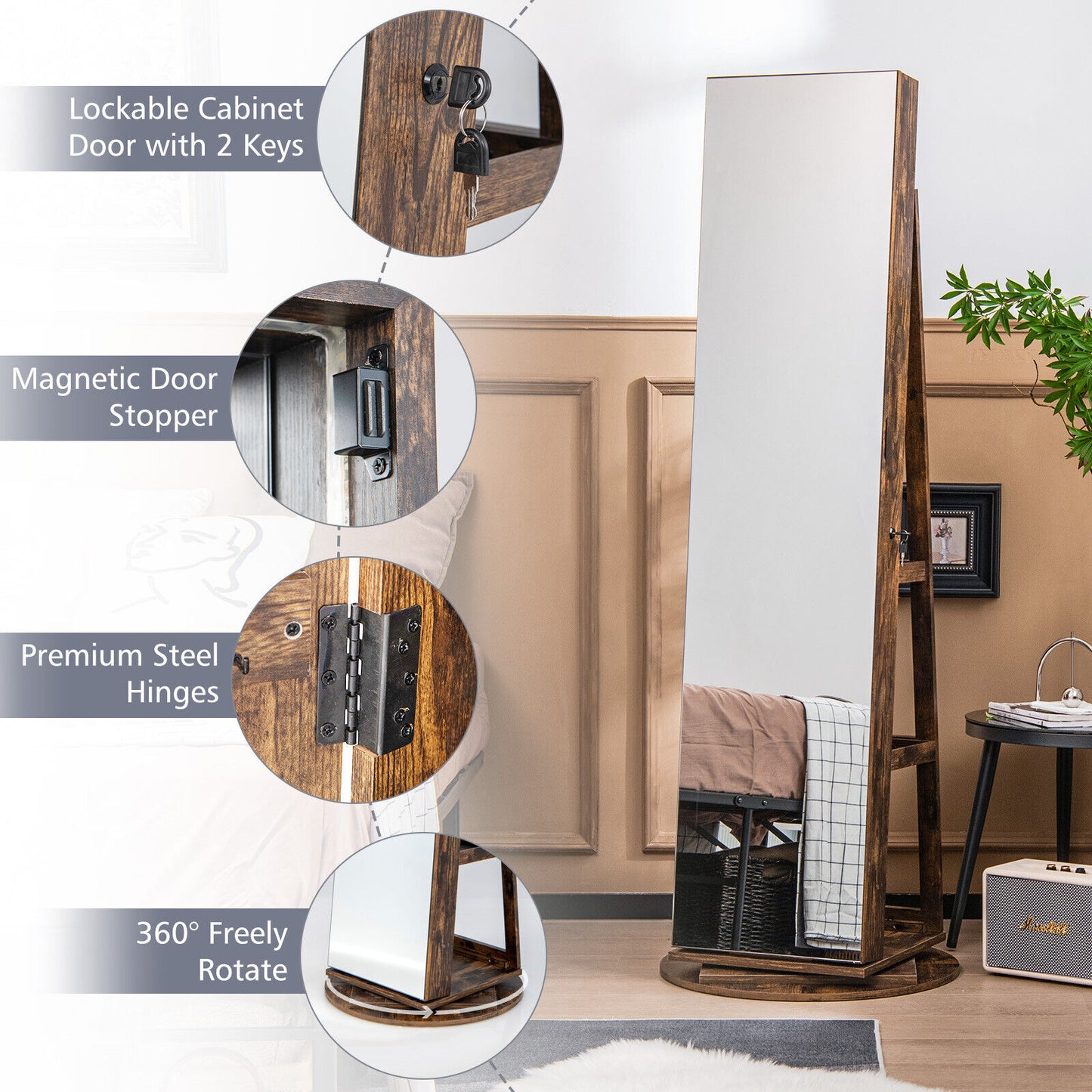 Rotating Mirrored Jewelry Armoire with LED Lighting