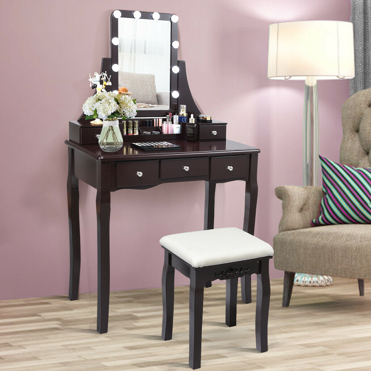 Vanity Table with 10 Dimmable Lights and Cushioned Stool