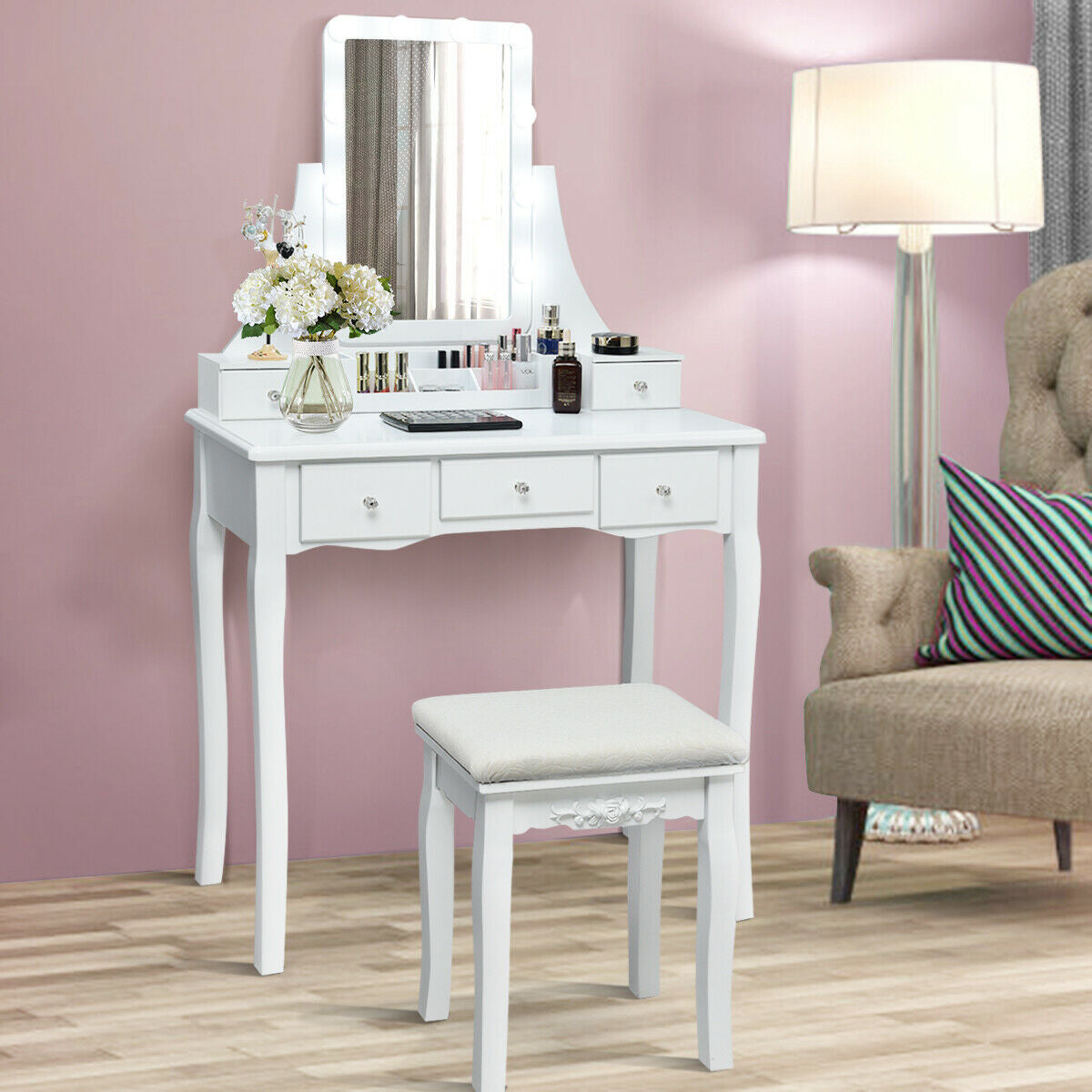 Vanity Table with 10 Dimmable Lights and Cushioned Stool