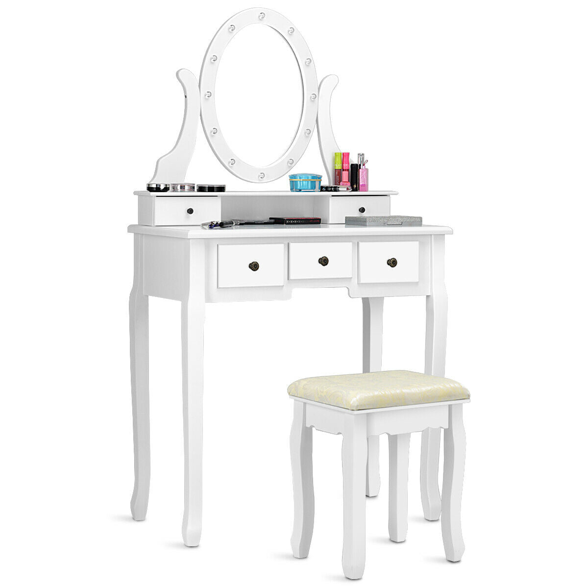 5-Drawer Vanity Table Set with LED Lighted Mirror & Stool