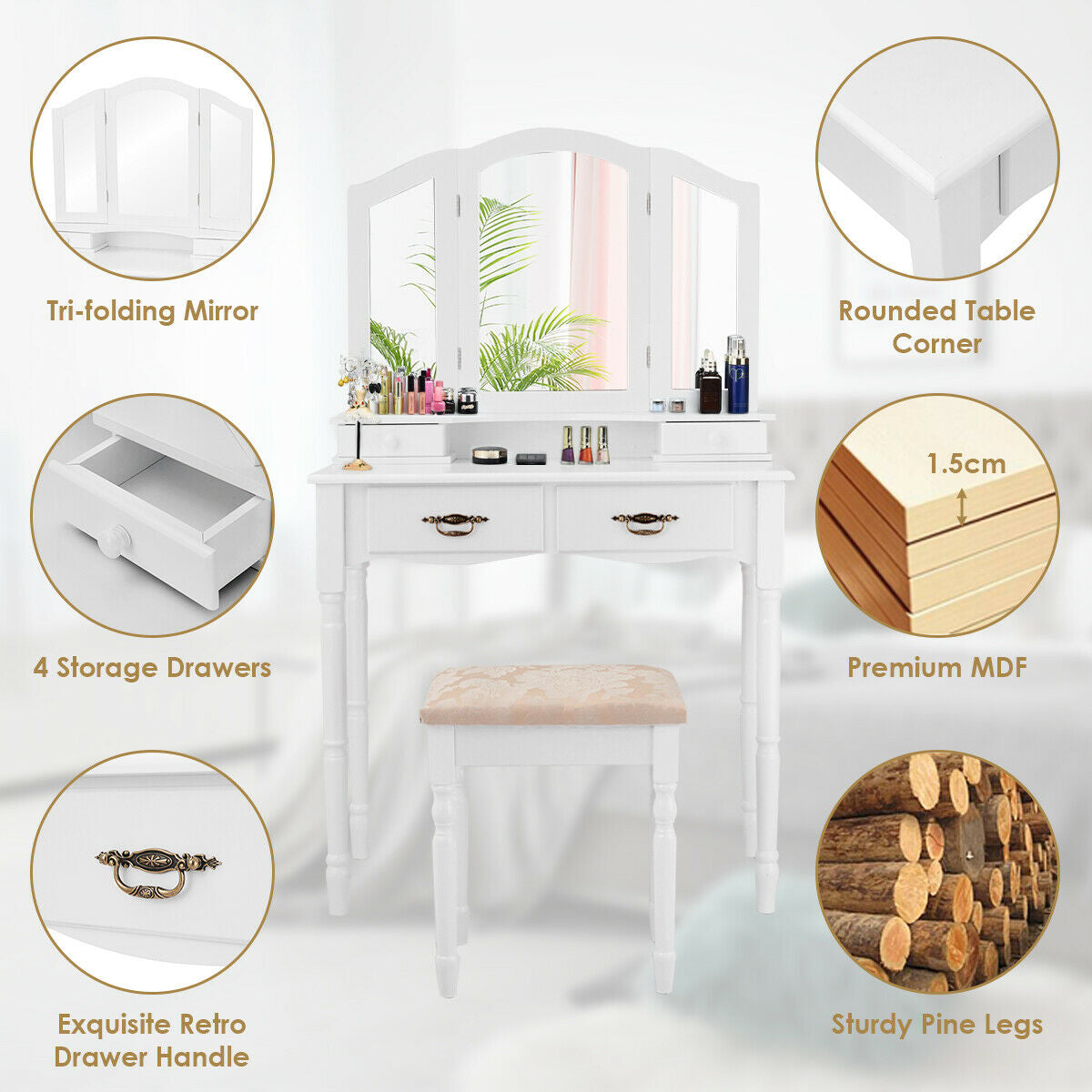 Vanity Set with Tri-Fold Mirror, 4 Drawers & Cushioned Stool