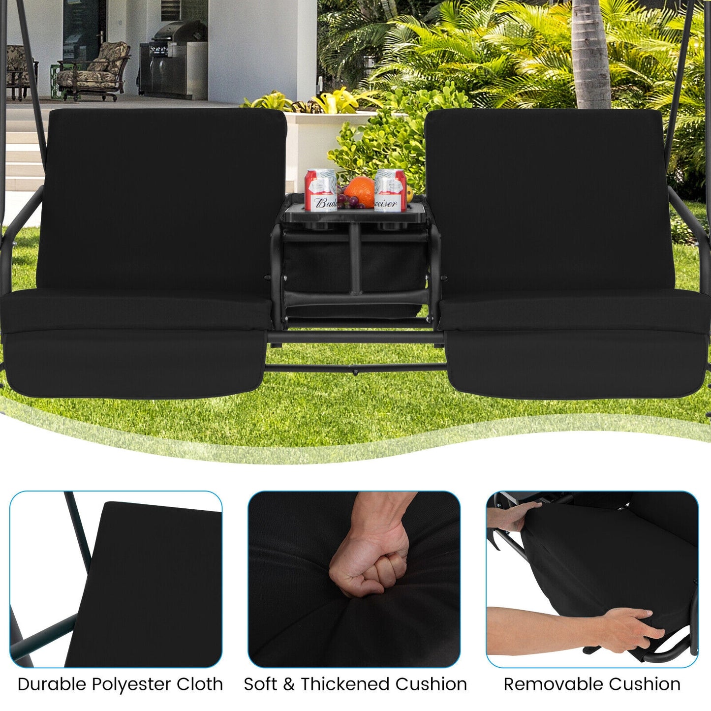 2-Seat Porch Swing with Adjustable Canopy and Cup Holders