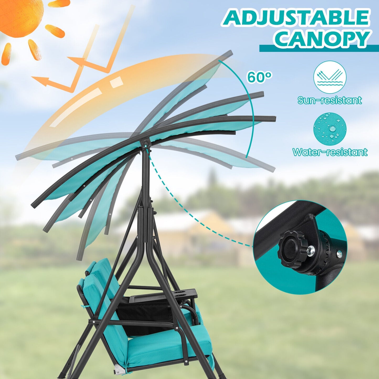 2-Seat Porch Swing with Adjustable Canopy and Cup Holders