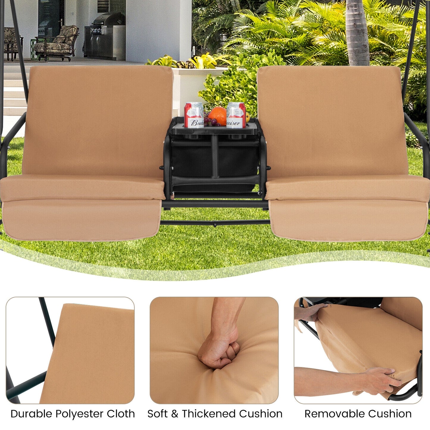 2-Seat Porch Swing with Adjustable Canopy and Cup Holders