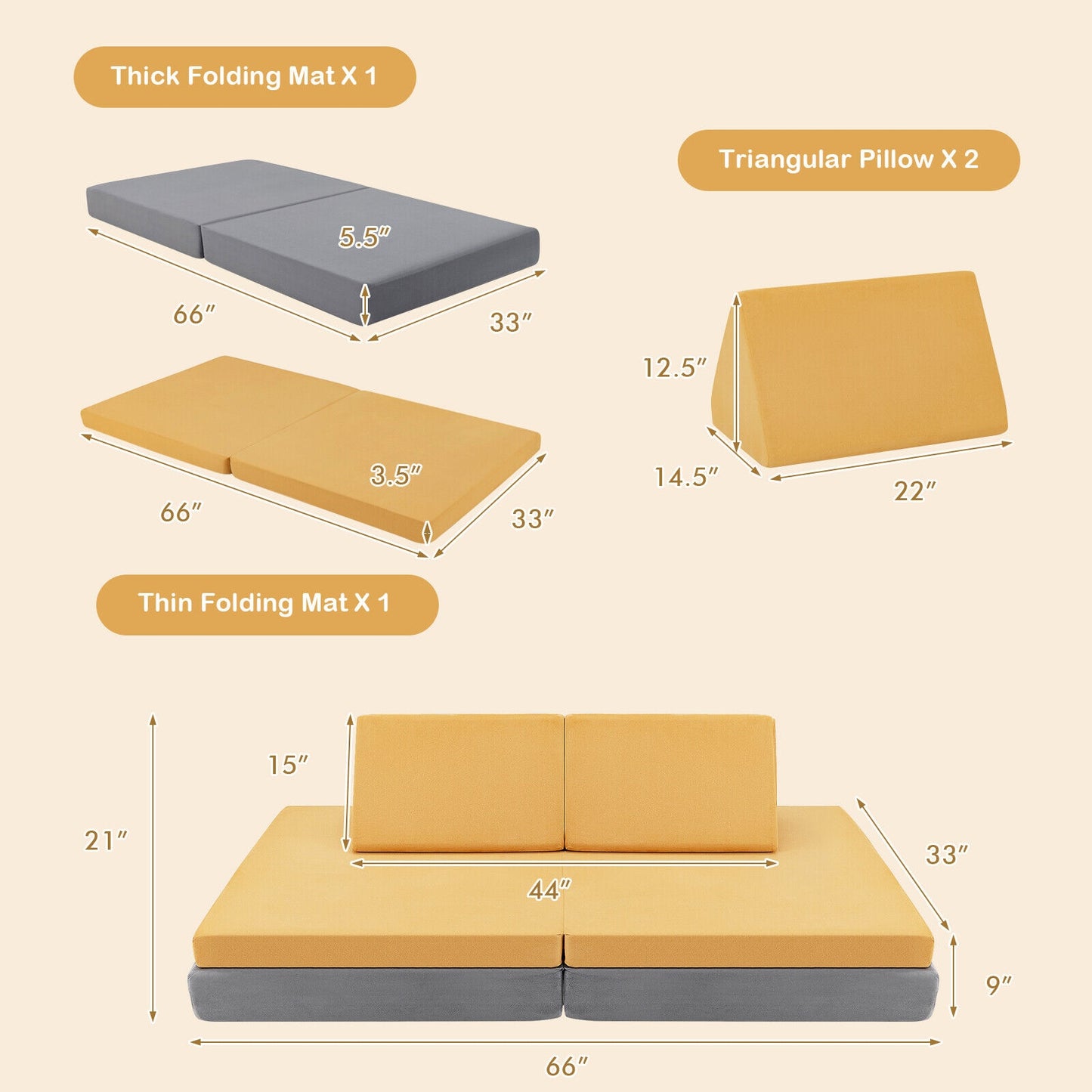 Convertible Kids Couch Set 4-Piece with Folding Mats