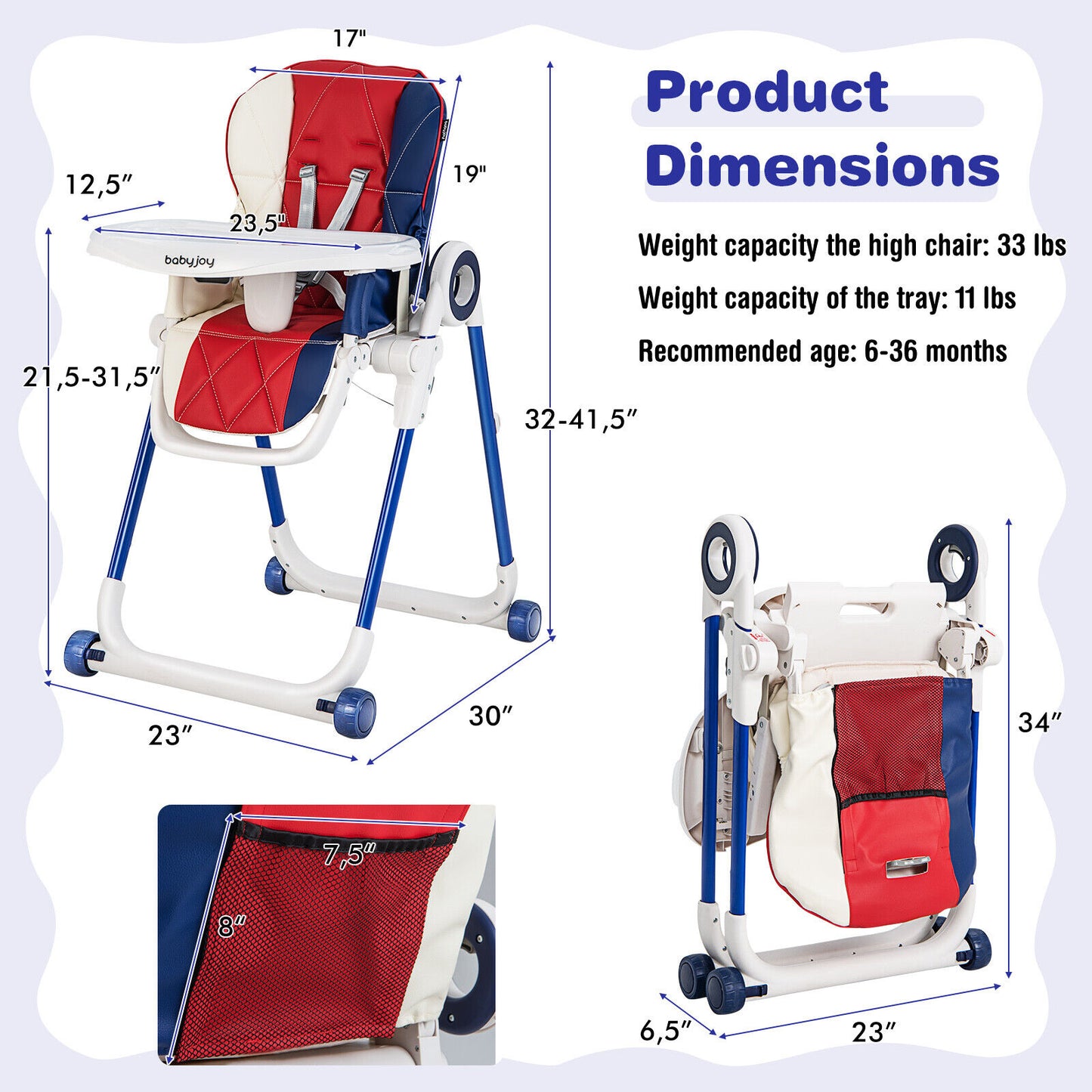 Foldable Baby High Chair with Lockable Wheels - Adjustable