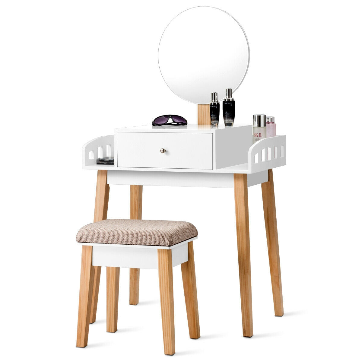 Makeup Vanity Table Set with Round Mirror and Cushioned Stool