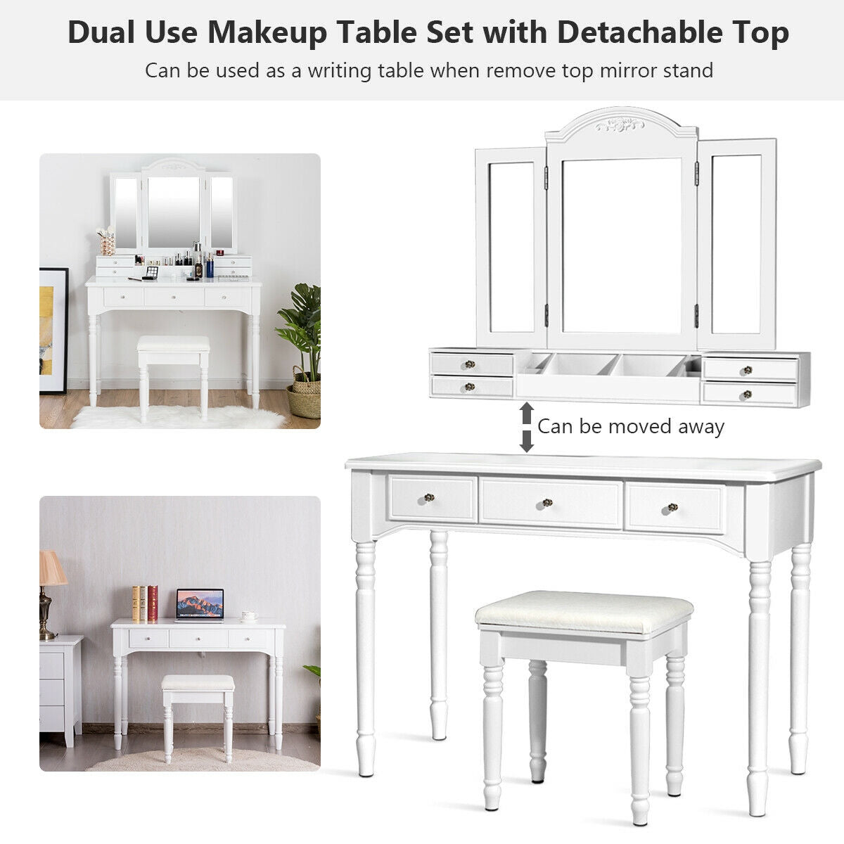 Tri-Fold Mirror Makeup Vanity Table with Cushioned Stool