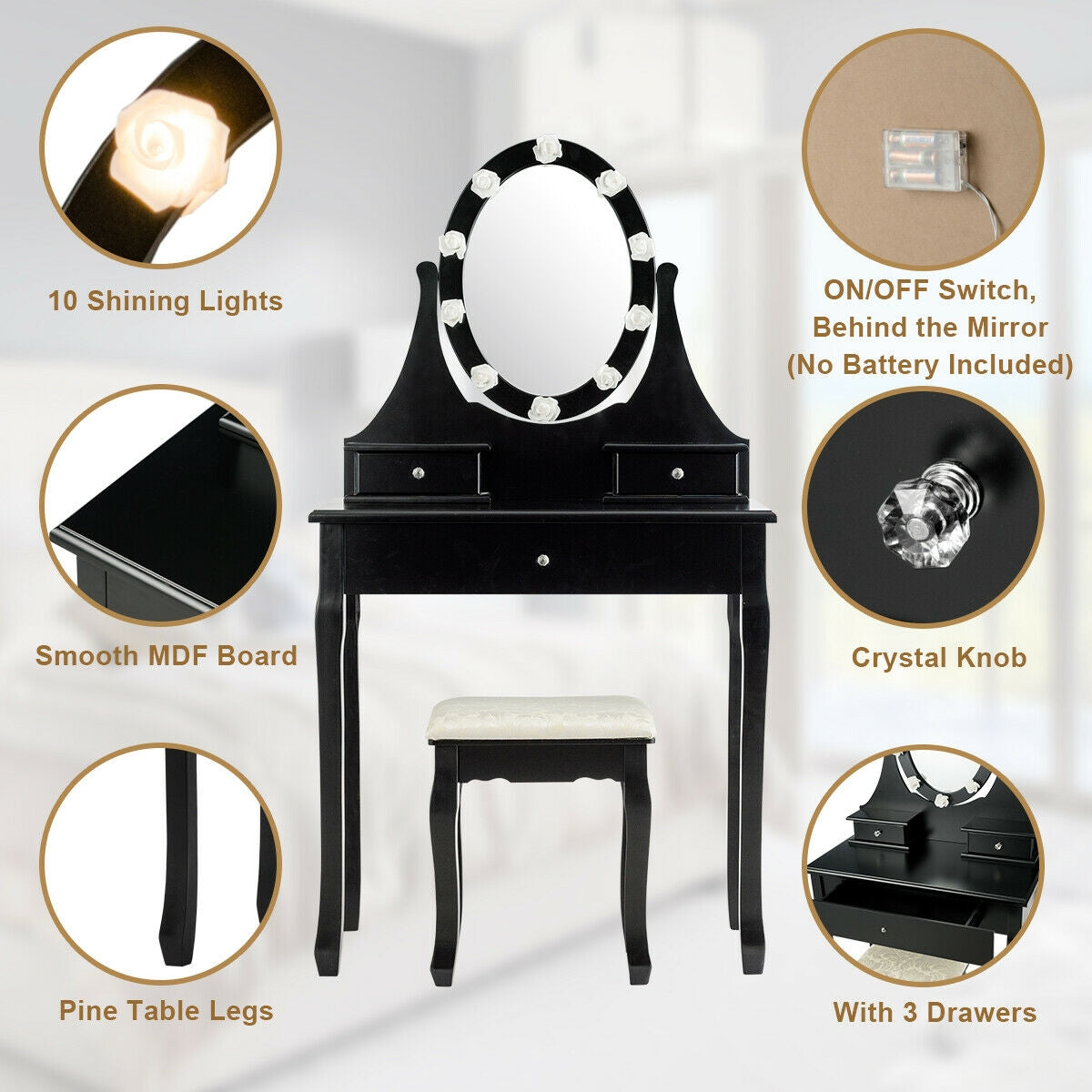 Lighted Mirror Vanity Table with 3 Drawers and Stool Set