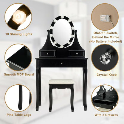 Lighted Mirror Vanity Table with 3 Drawers and Stool Set