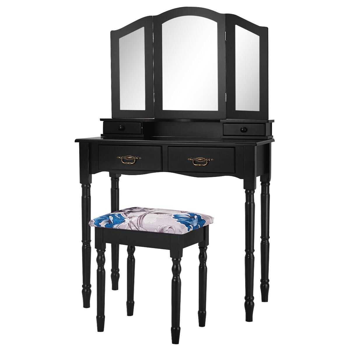 Vanity Set with Tri-Fold Mirror, 4 Drawers & Cushioned Stool