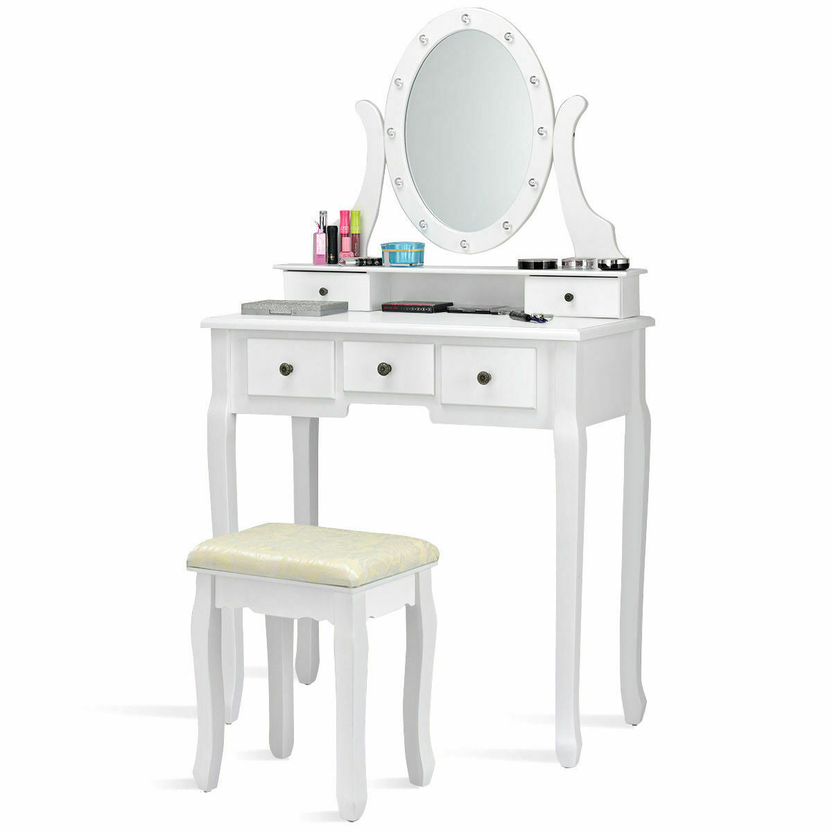 5-Drawer Vanity Table Set with LED Lighted Mirror & Stool