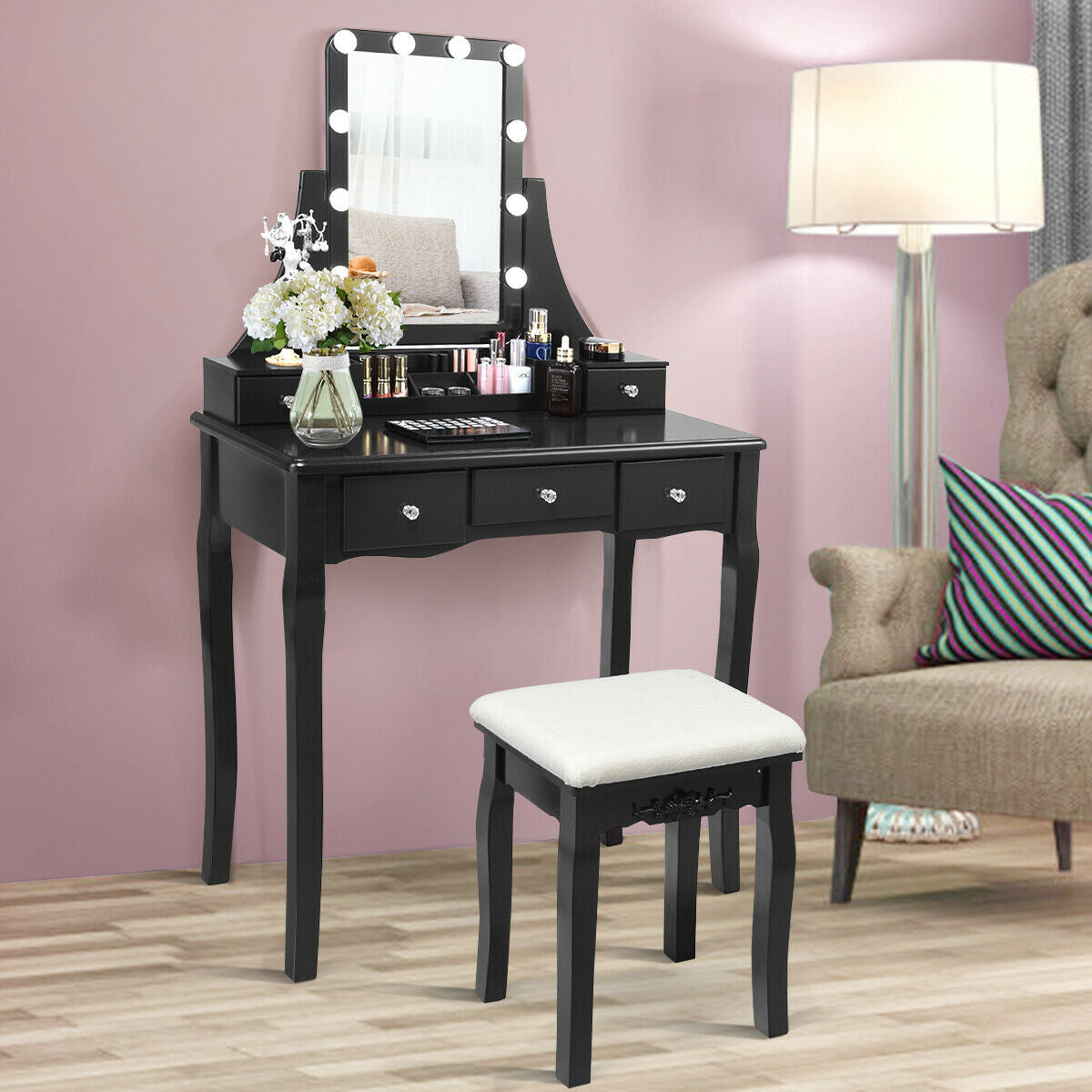 Vanity Table with 10 Dimmable Lights and Cushioned Stool