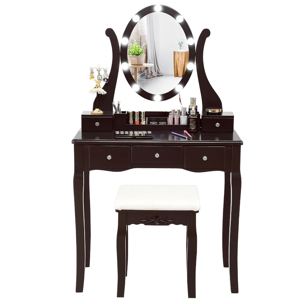Vanity Table Set with Lighted Mirror and Cushioned Stool
