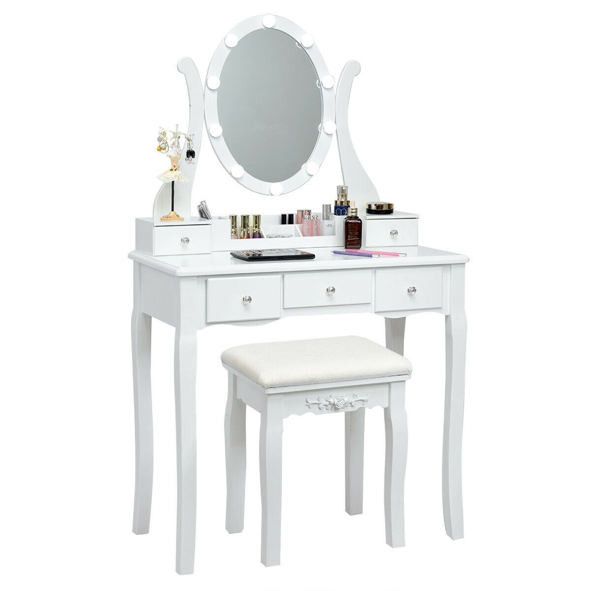 Vanity Table Set with Lighted Mirror and Cushioned Stool