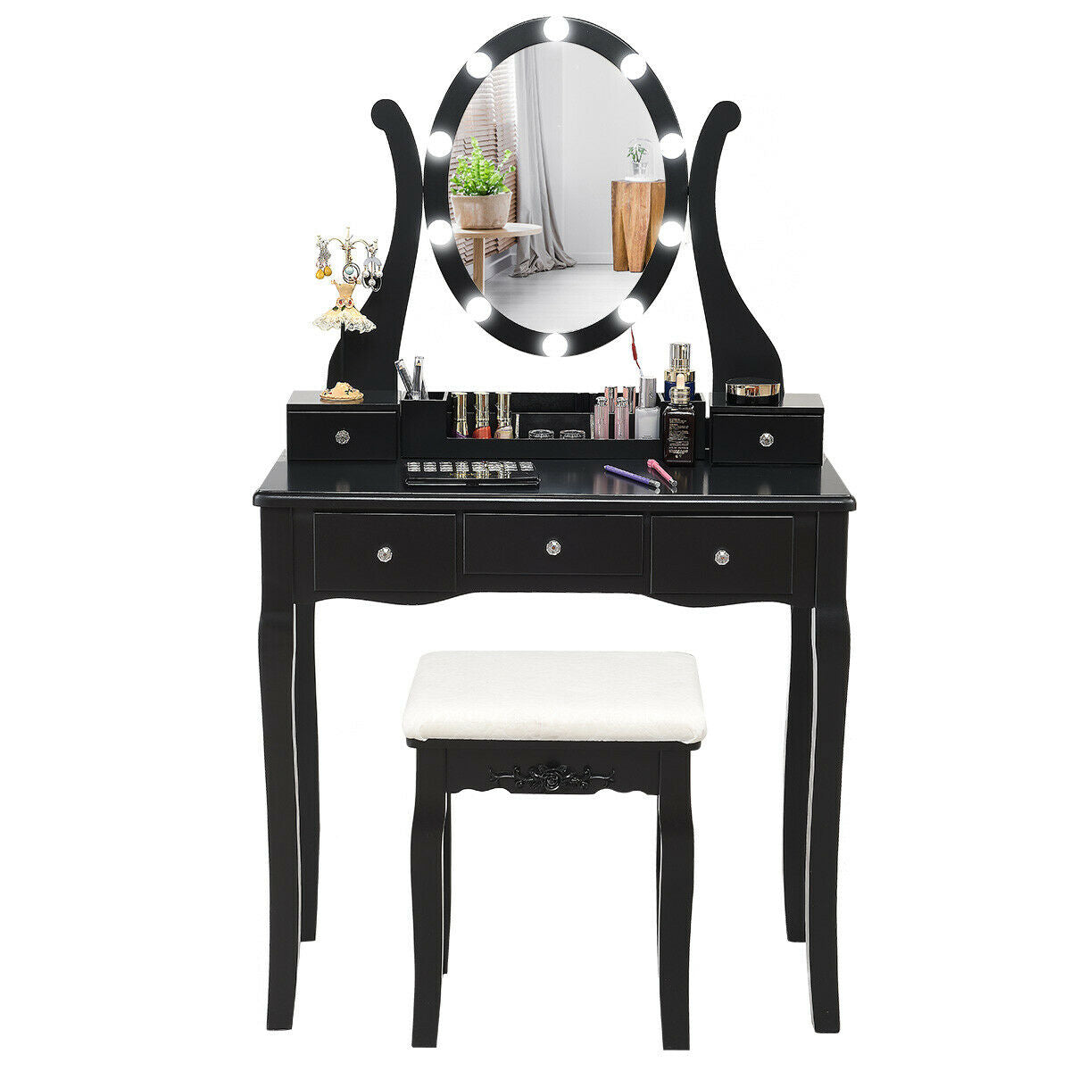 Vanity Table Set with Lighted Mirror and Cushioned Stool
