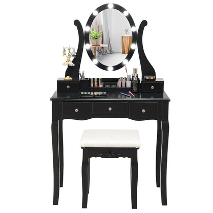 Vanity Table Set with Lighted Mirror and Cushioned Stool