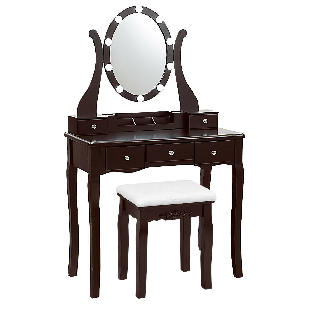 Vanity Table Set with Lighted Mirror and Cushioned Stool