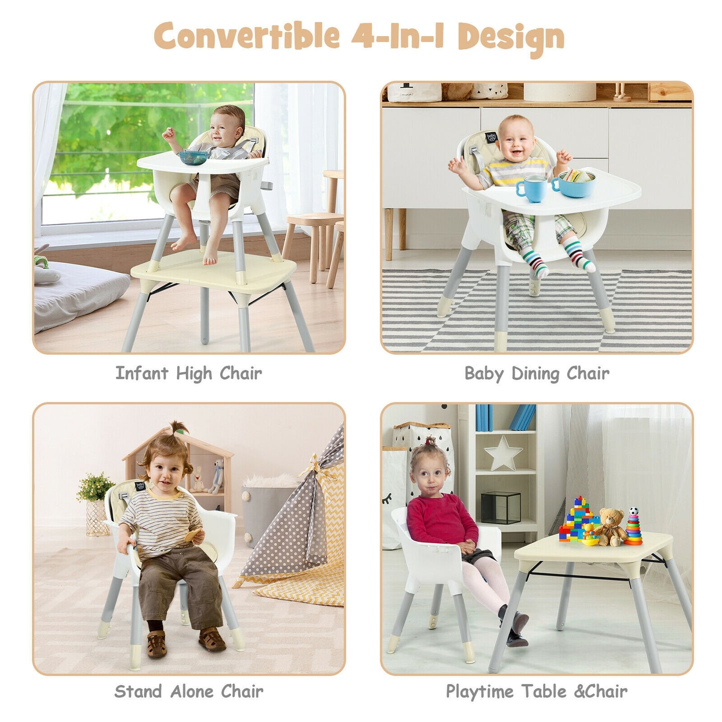 4-in-1 Convertible Baby High Chair with PU Cushion