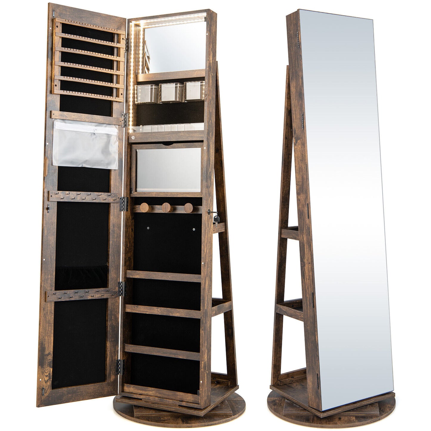 Rotating Mirrored Jewelry Armoire with LED Lighting
