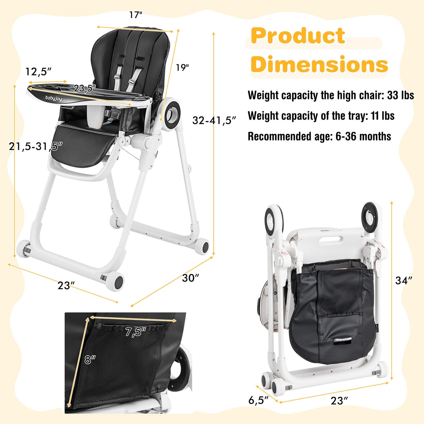 Foldable Baby High Chair with Lockable Wheels - Adjustable