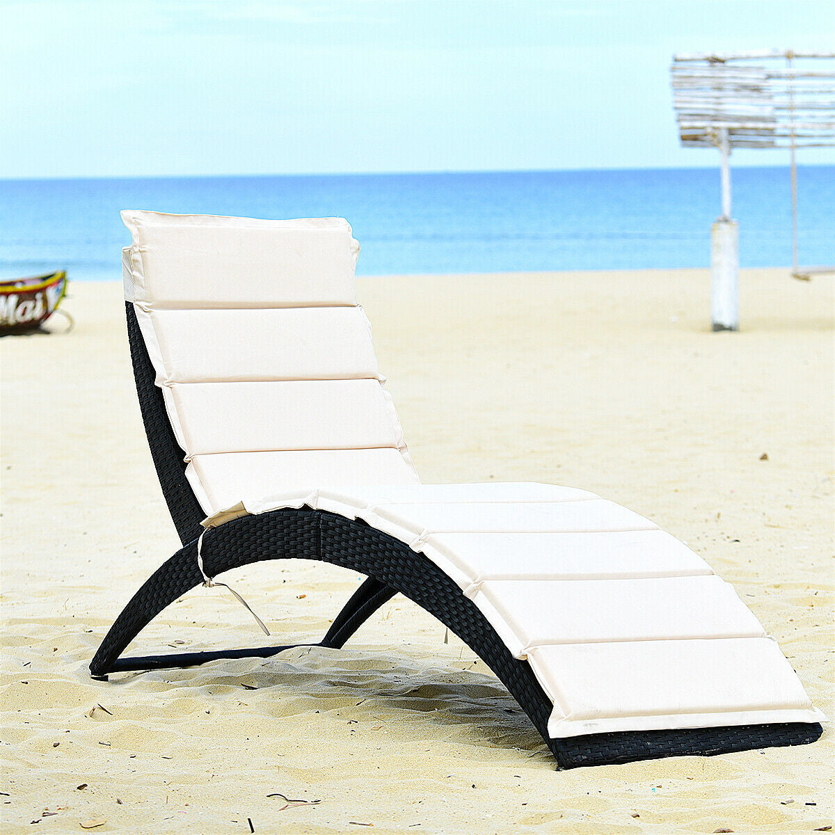 Folding Rattan Lounge Chair with Cushion - Outdoor Patio