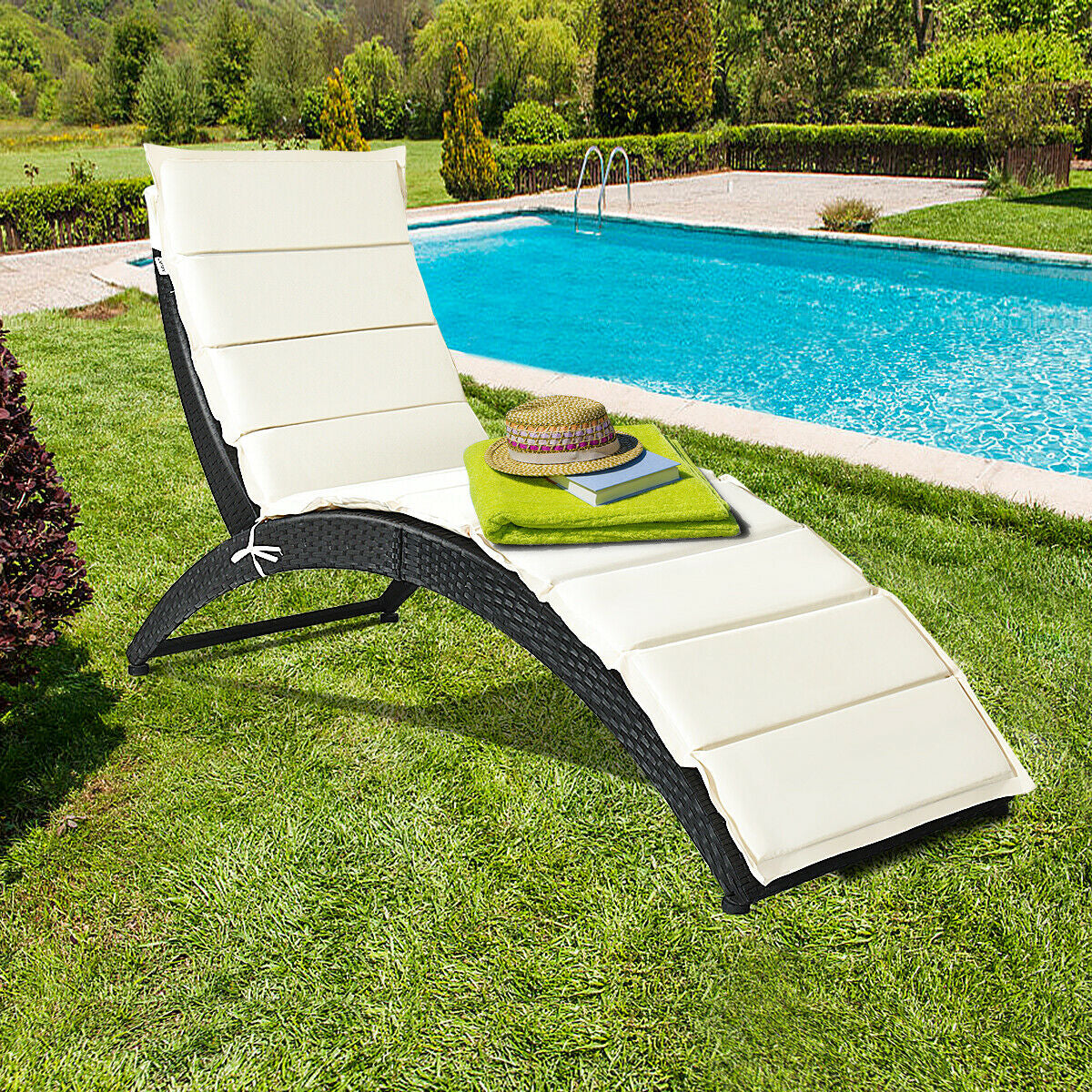 Folding Rattan Lounge Chair with Cushion - Outdoor Patio