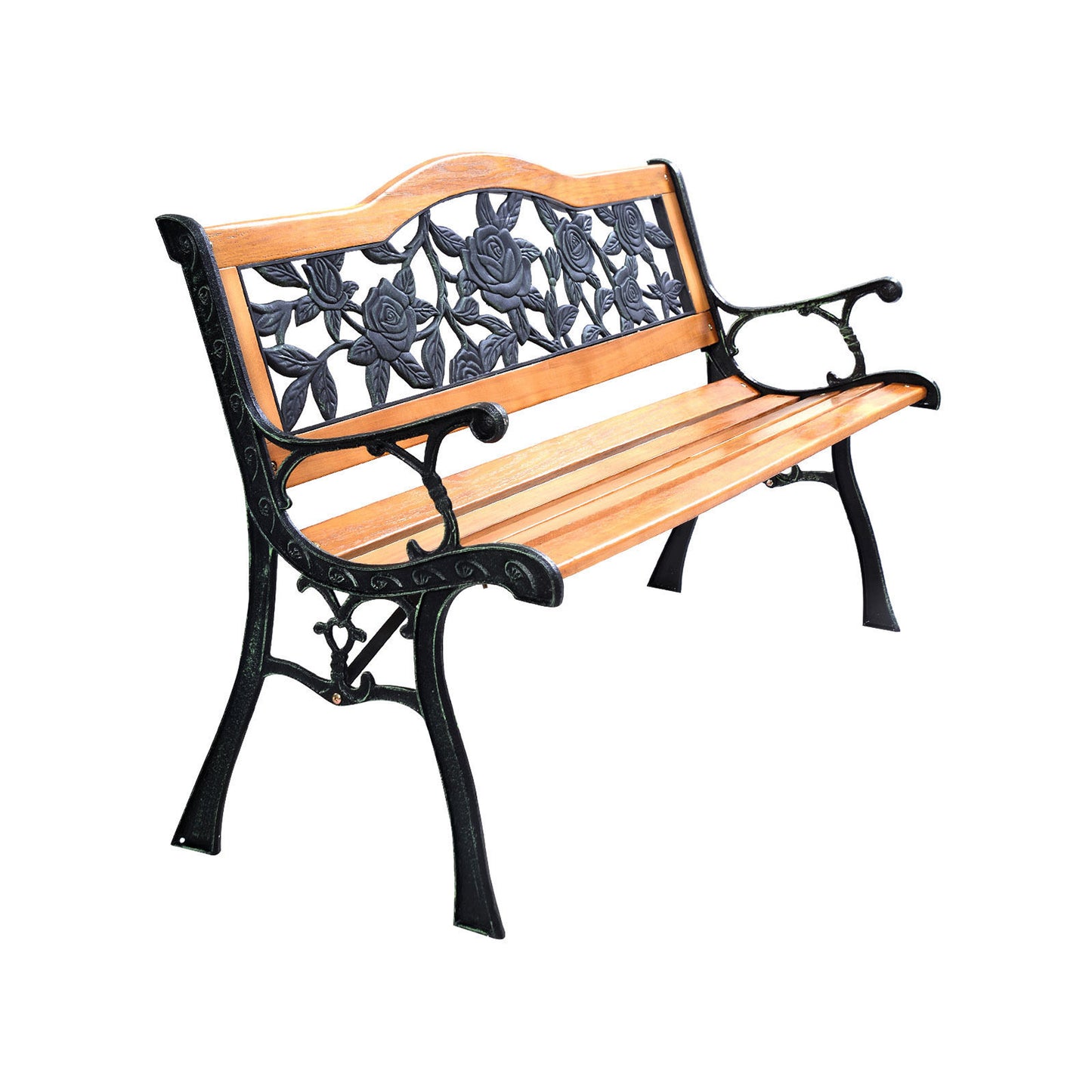 Outdoor Wooden Bench with Cast Iron Armrests - 49.5 Inch